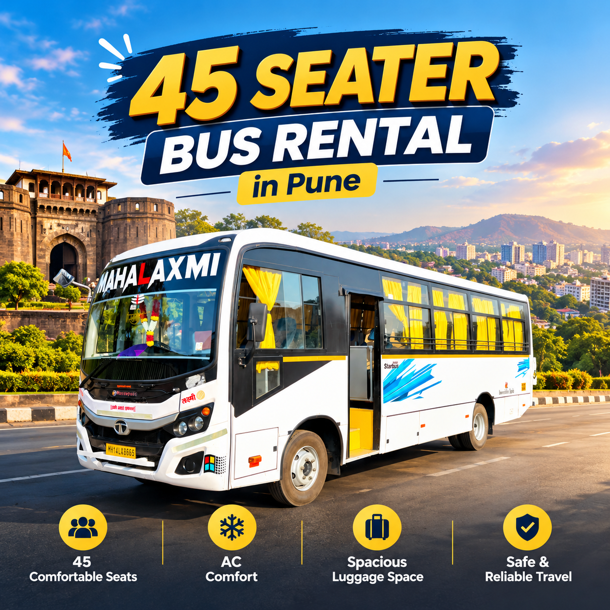 White 45 seater AC bus in Pune ready for a large group tour