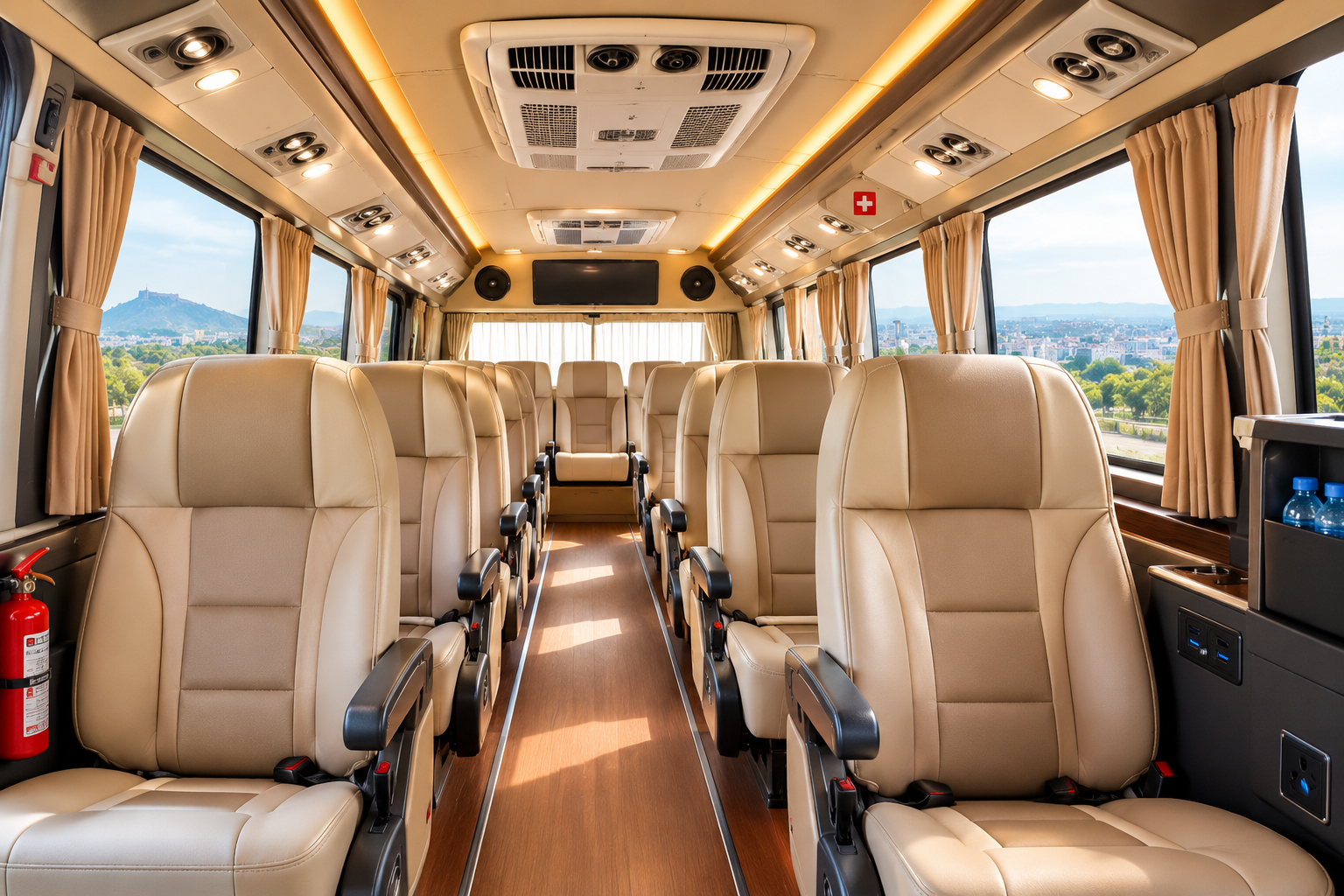 Interior of a 12 seater tempo traveller in Pune with beige push-back seats and roof AC vents
